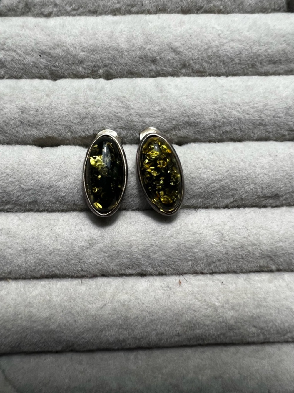 Sterling Silver Olive Green Amber Oval Stud Earrings
